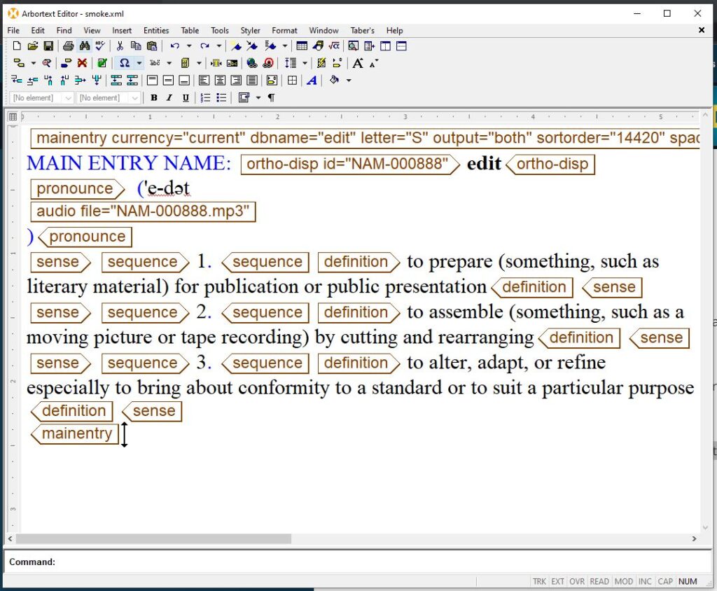 A screenshot showing text tags in XML